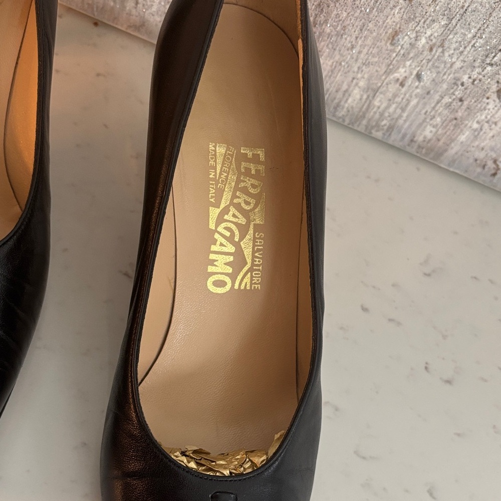 Salvatore Ferragamo Black Leather Heels with Silver Accents - Picture 2 of 6